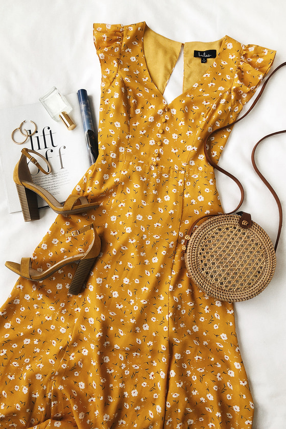 Lovely Mustard Yellow Floral Print Dress - Floral Maxi Dress