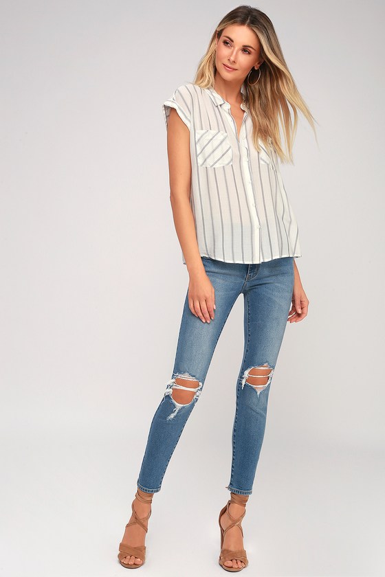 Olive + Oak - Grey and White Striped Top - Button-Up Top