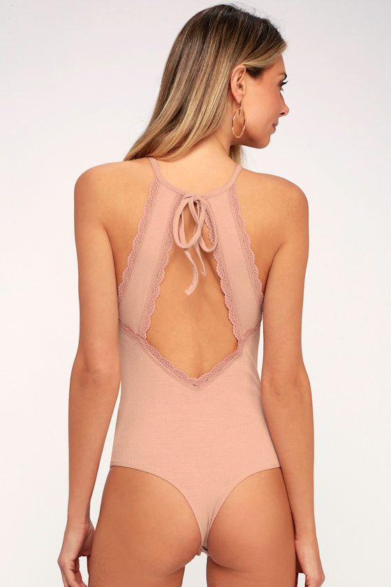 Sexy Blush Pink Bodysuit Halter Bodysuit Lace Bodysuit