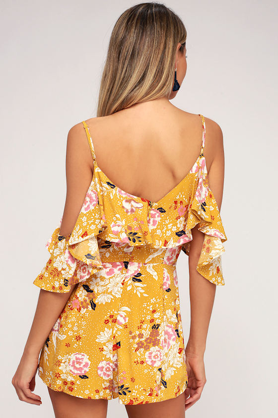 Mustard Yellow Floral Print Romper OfftheShoulder Romper