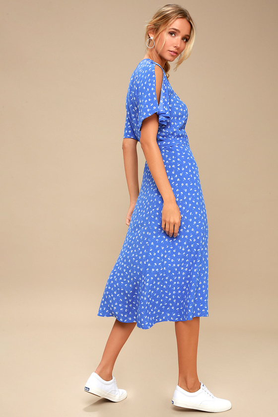 Blue and White Floral Print Dress - Wrap Dress - Midi Dress