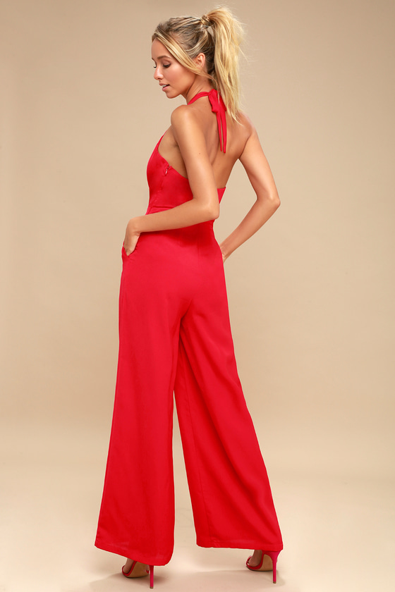 Sexy Red Jumpsuit - Halter Jumpsuit - Wide-Leg Jumpsuit