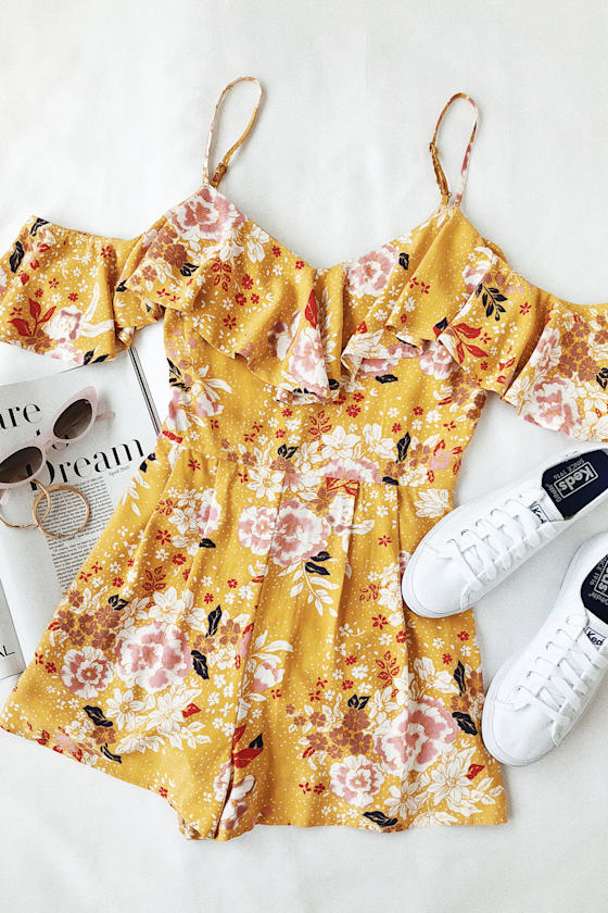 Mustard Yellow Floral Print Romper OfftheShoulder Romper