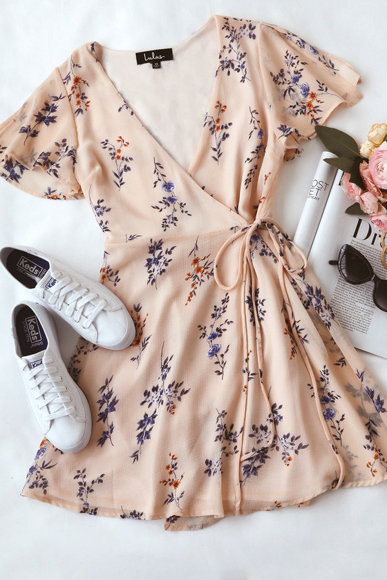Blush Pink Floral Print Dress - Wrap Dress - Mini Dress
