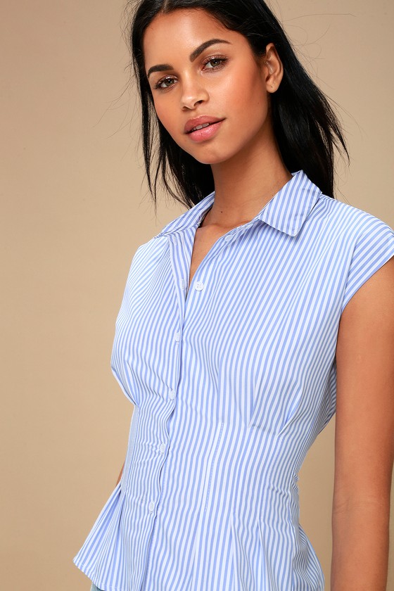 Chic Blue and White Striped Top - Button-Up Top - Peplum Top