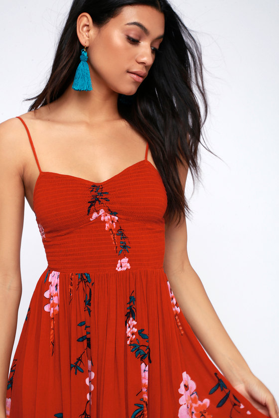 Free People Beau - Red Floral Dress - Smocked Maxi Dress