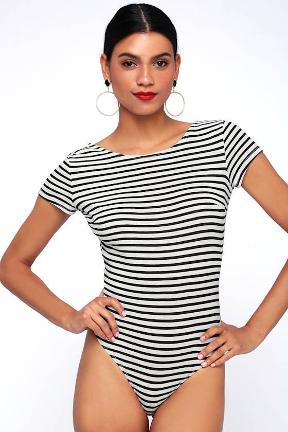 Cute Black and White Striped Bodysuit - Backless Bodysuit