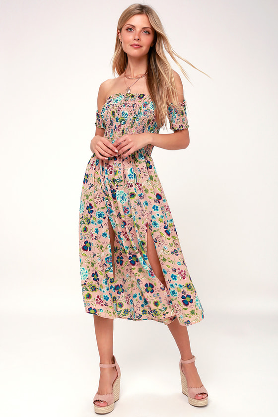 View from the Meadow Blush Floral Print Off-the-Shoulder Dress