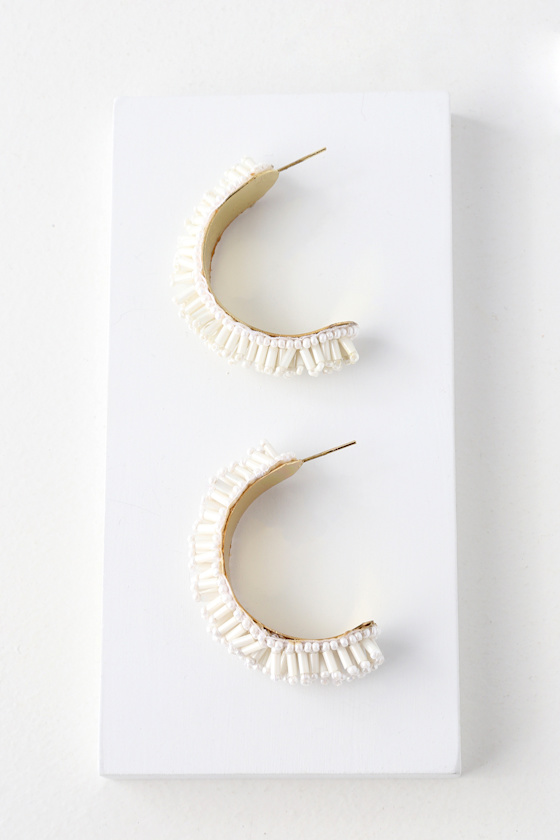Pretty Gold and White Hoop Earrings Beaded Hoop Earrings