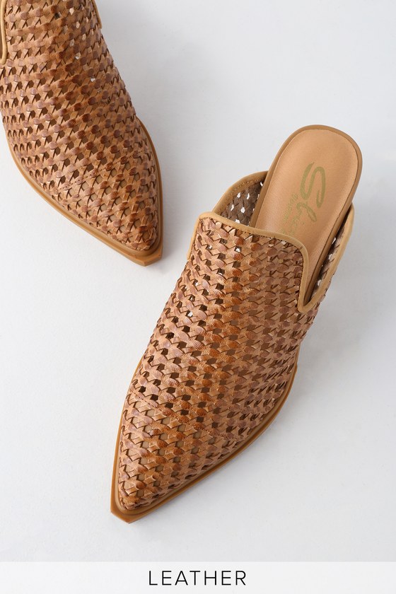 tan woven mules heels
