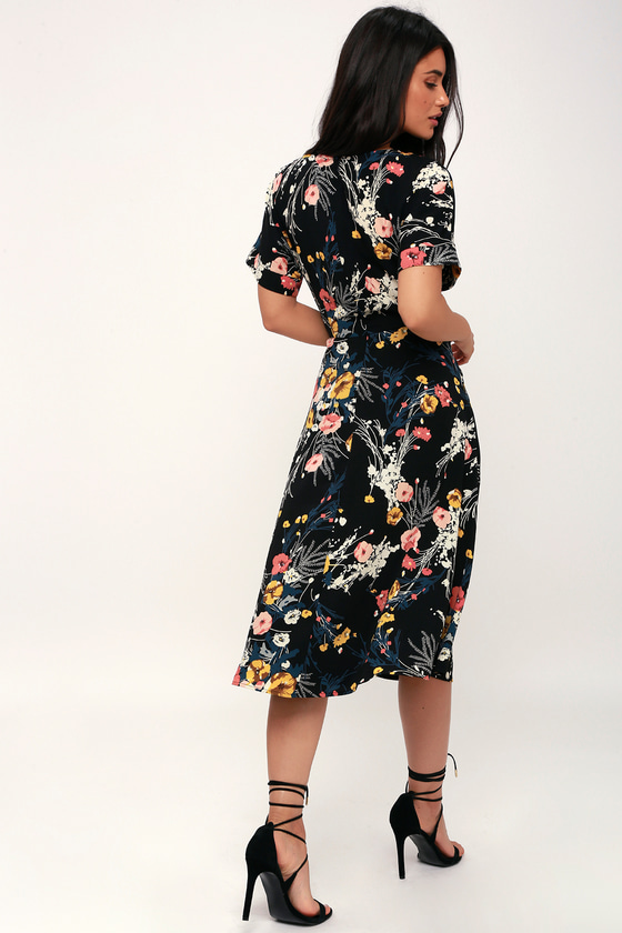 Chic Black Dress - Floral Print Dress - Short Sleeve Midi Dress