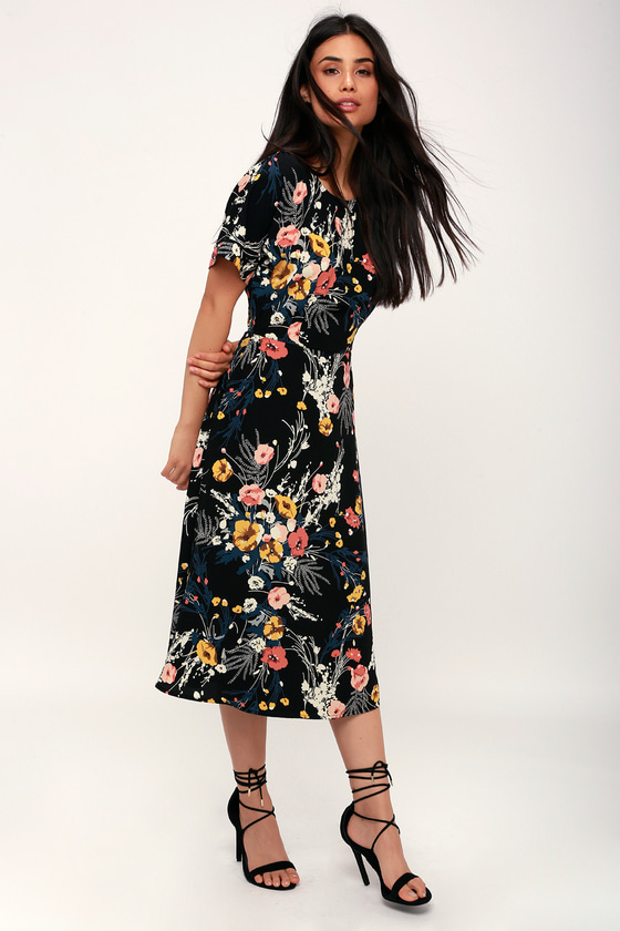 Chic Black Dress - Floral Print Dress - Short Sleeve Midi Dress