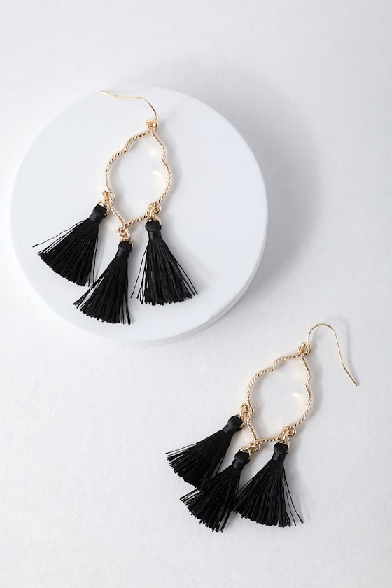 Chic Black Tassel Earrings Gold Earrings Boho Earrings
