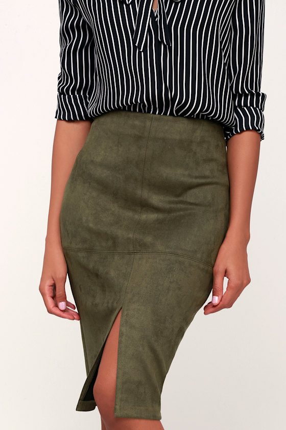 Chic Pencil Skirt Vegan Suede Skirt Olive Green Suede Skirt