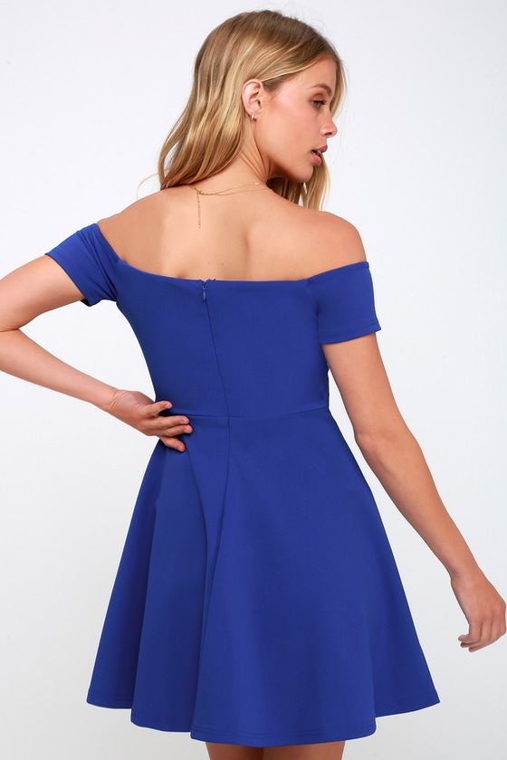 Cute Cobalt Blue Dress - Off-the-Shoulder Dress - Skater Dress