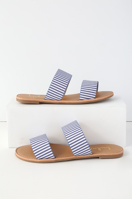 Cute Striped Sandals - Slide Sandals - Flat Sandals - Blue Slides