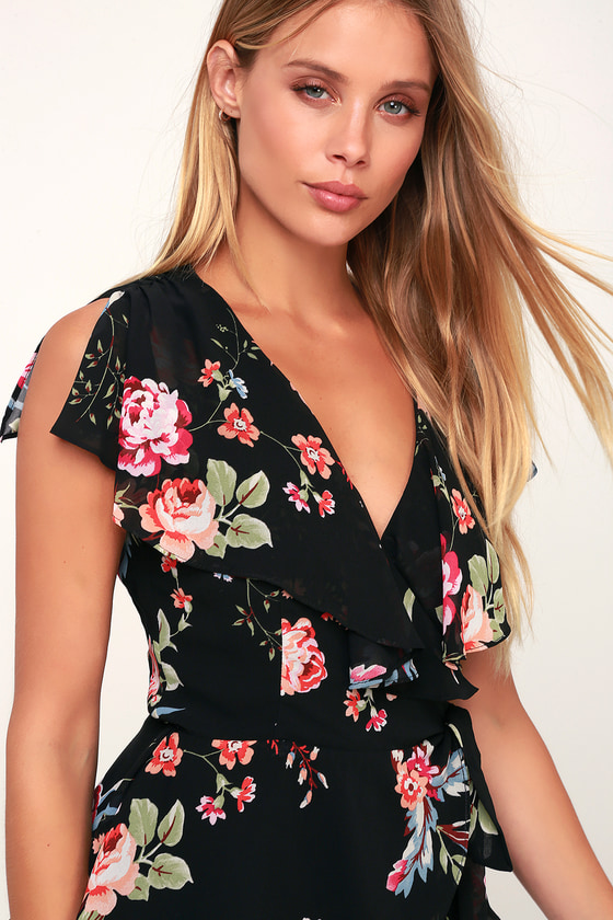 Black and Pink Floral Print Top - Wrap Top - Sleeveless Wrap Top
