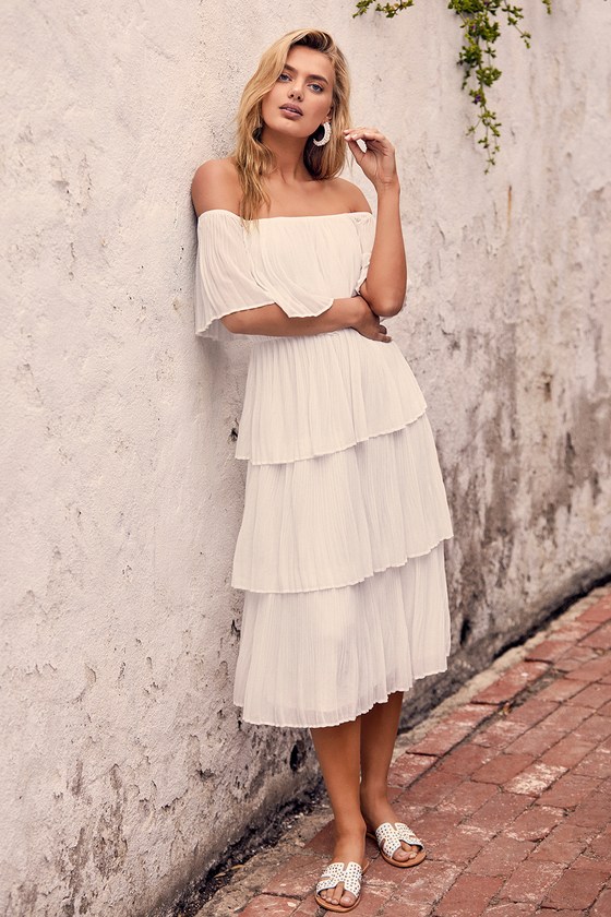 GALA READY WHITE OFF-THE-SHOULDER RUFFLE MIDI DRESS