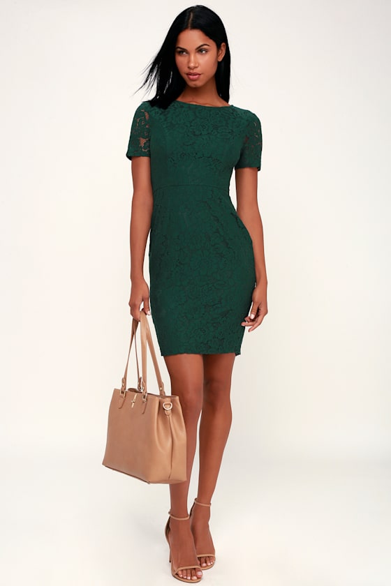 Chic Dark Green Dress Green Lace Dress Green Sheath Dress