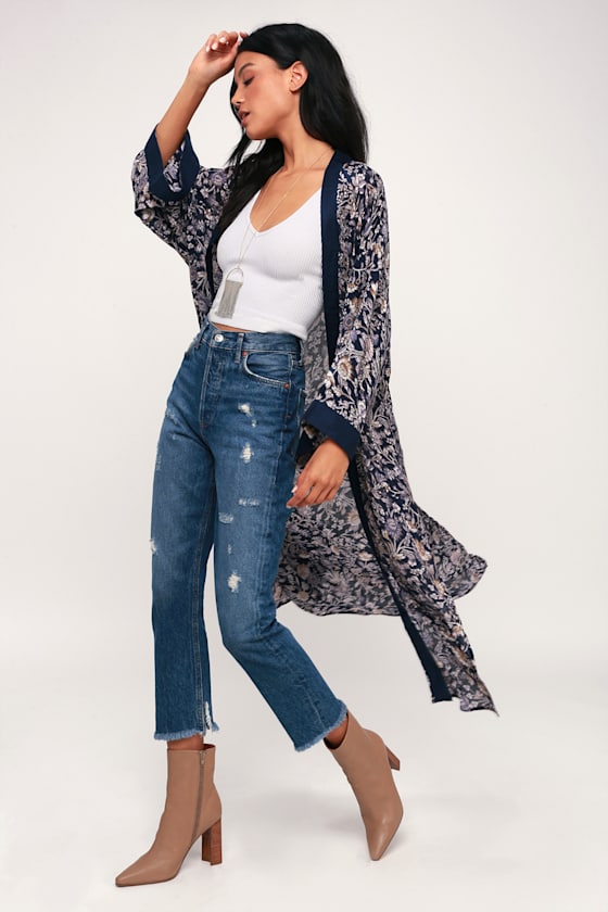 LUSH Kimono Top Navy Blue Floral Kimono Blue Kimono Top