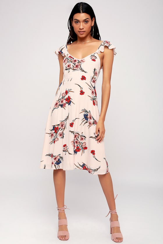 Cute Midi Dress - Blush Dress - Floral Print Dress
