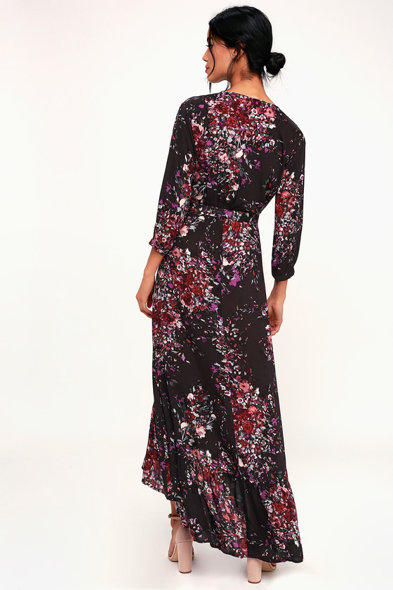 Beautiful Dark Purple Floral Print Midi Dress - Floral Wrap Dress