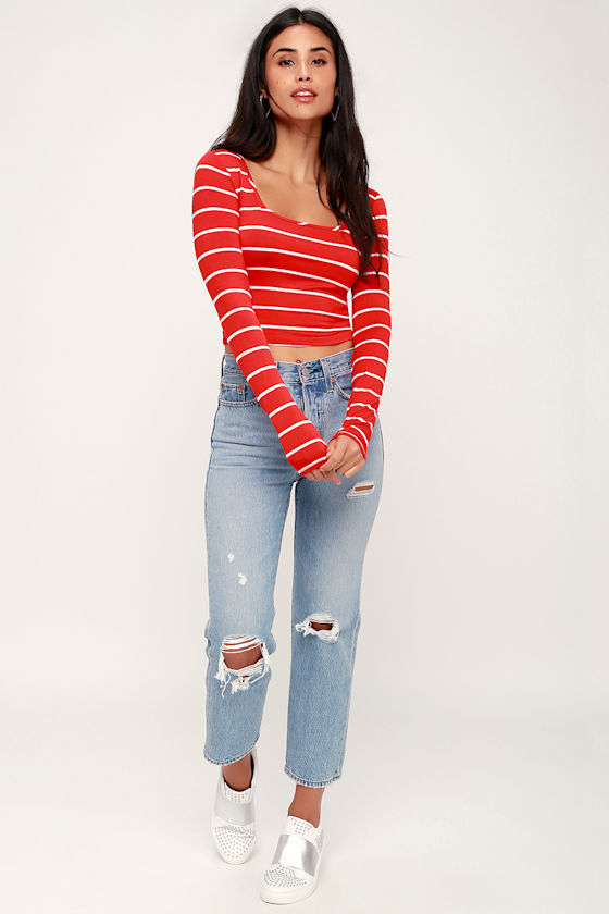 Cute Red Top Crop Top Striped Top Long Sleeve Crop Top