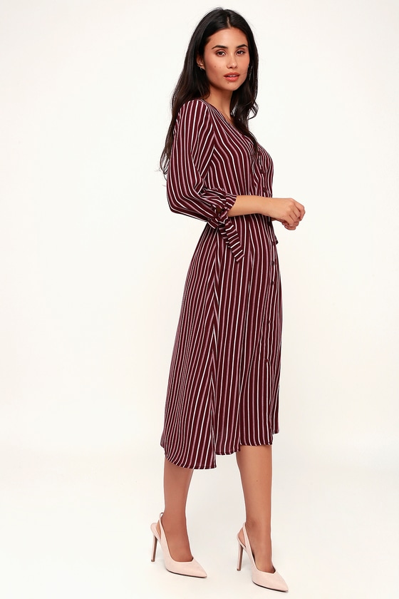 Chic Burgundy Striped Dress - Button-Front Dress - Midi Dress