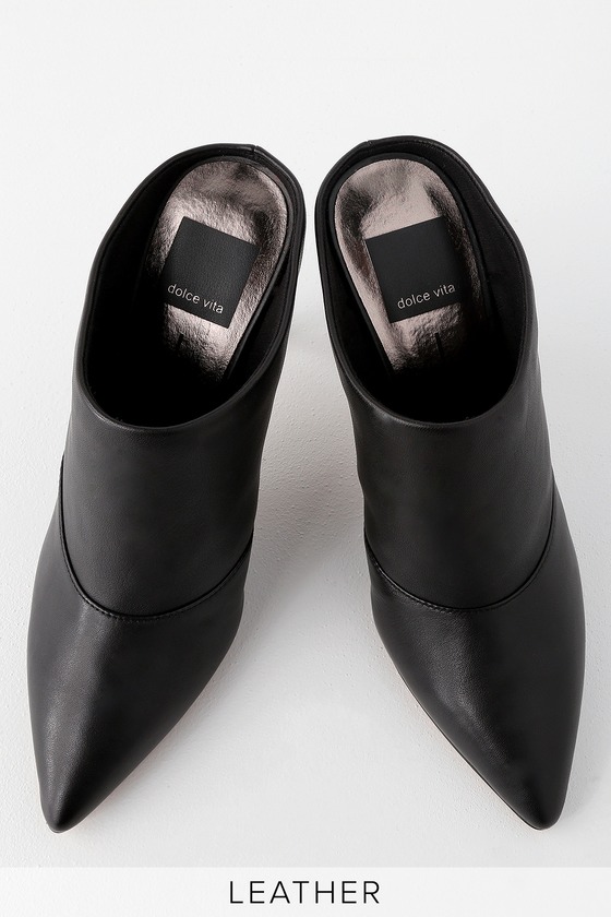 black leather pointed toe mules