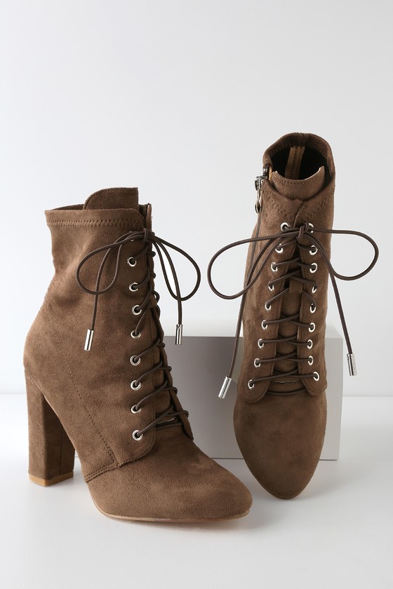Cute Taupe Booties - Lace-Up Booties - Taupe Mid-Calf Booties
