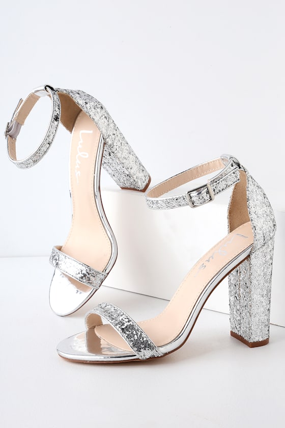 Stunning Glitter Heels Silver Heels Ankle Strap Heels