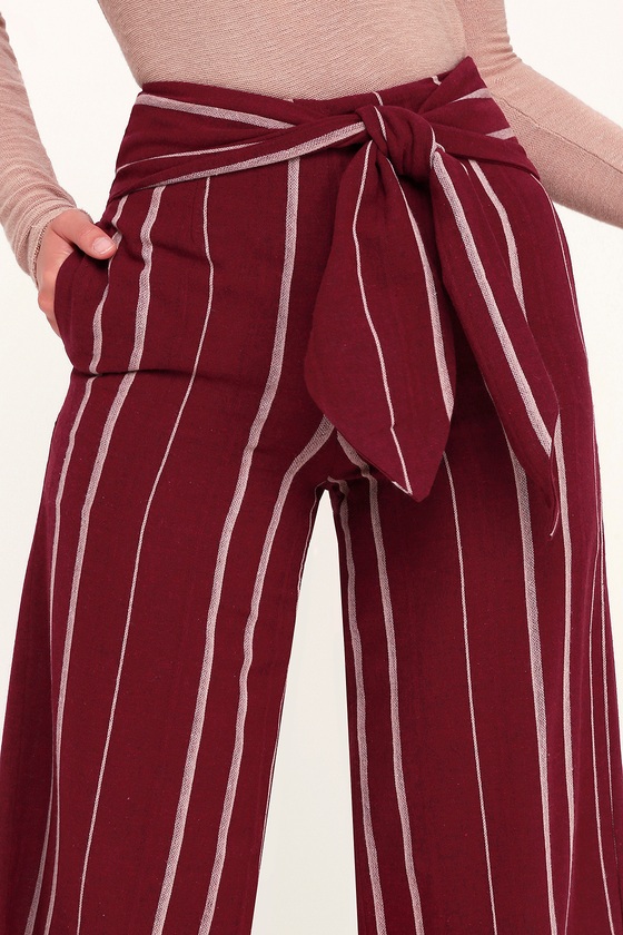 Moon River Waist-Tie Palazzo Pants - Wine Red Striped Pants