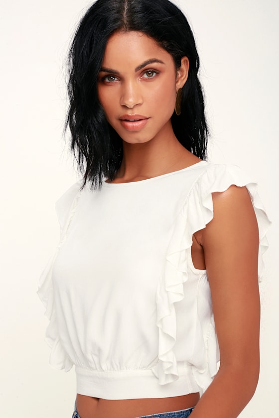 Amuse Society Go West - White Backless Crop Top - Ruffled Top