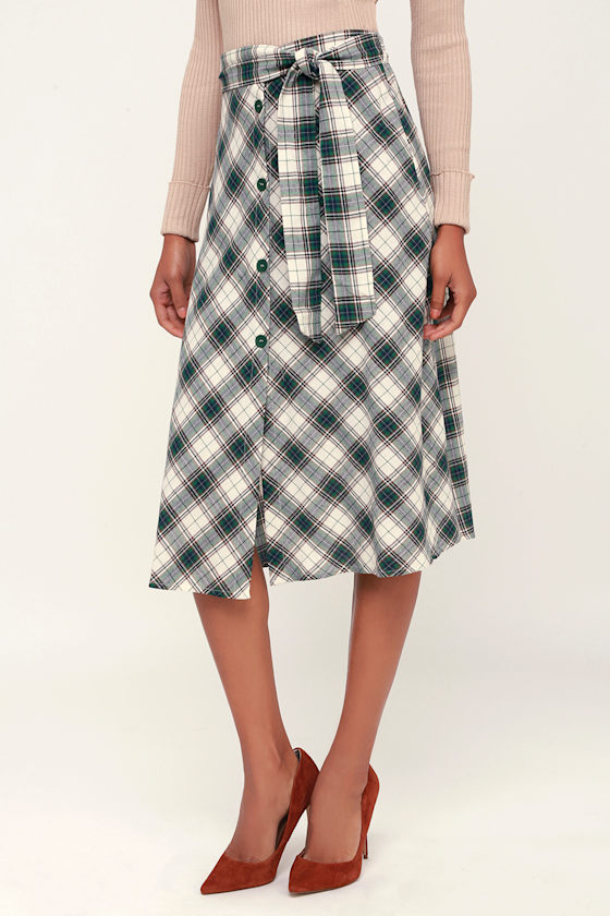 Cute Green Plaid Skirt ButtonFront Skirt Plaid Midi Skirt