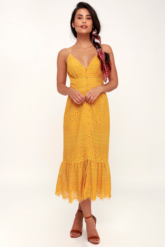 Lovely Mustard Yellow Dress Lace Dress ButtonUp Dress