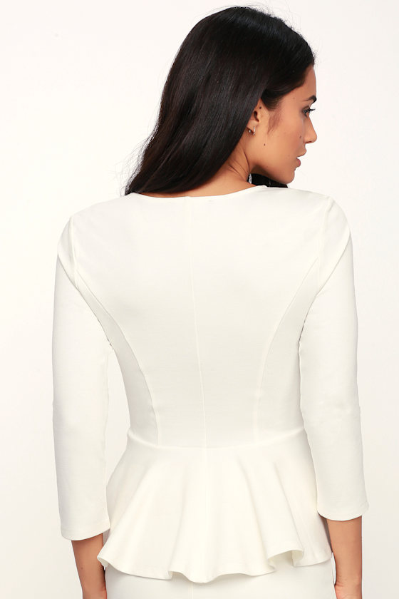 Chic White Peplum Top ThreeQuarter Sleeve Top Peplum Blouse