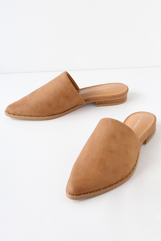 Report Ira - Tan Suede Mules - Pointed Toe Mules - Studded Mules