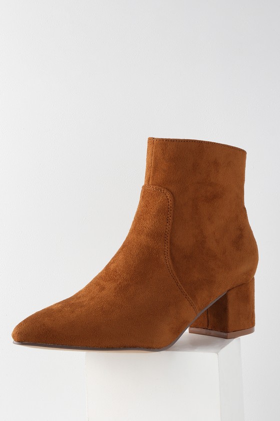 Chic Tan Boots - Vegan Suede Boots - Pointed Toe Ankle Booties