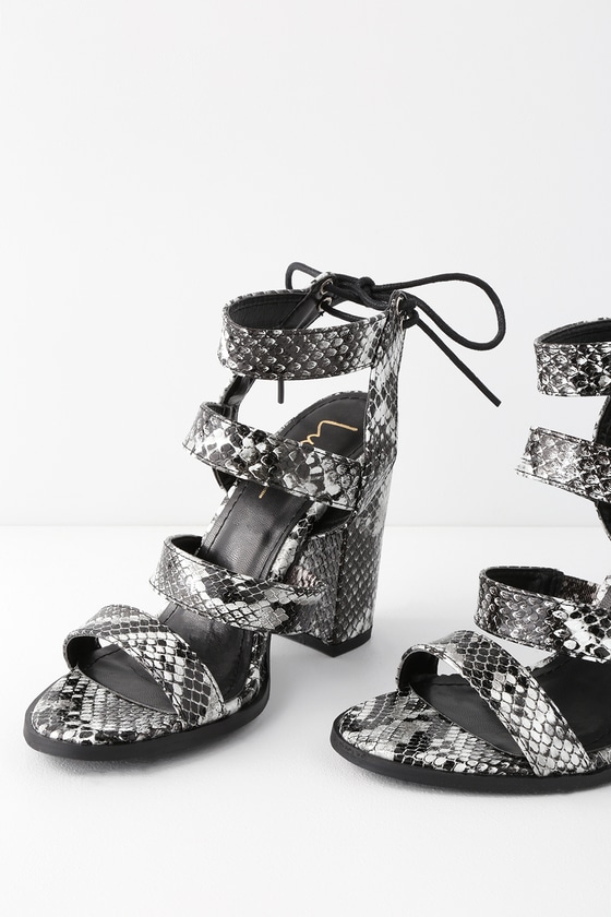 black and white snake print heels