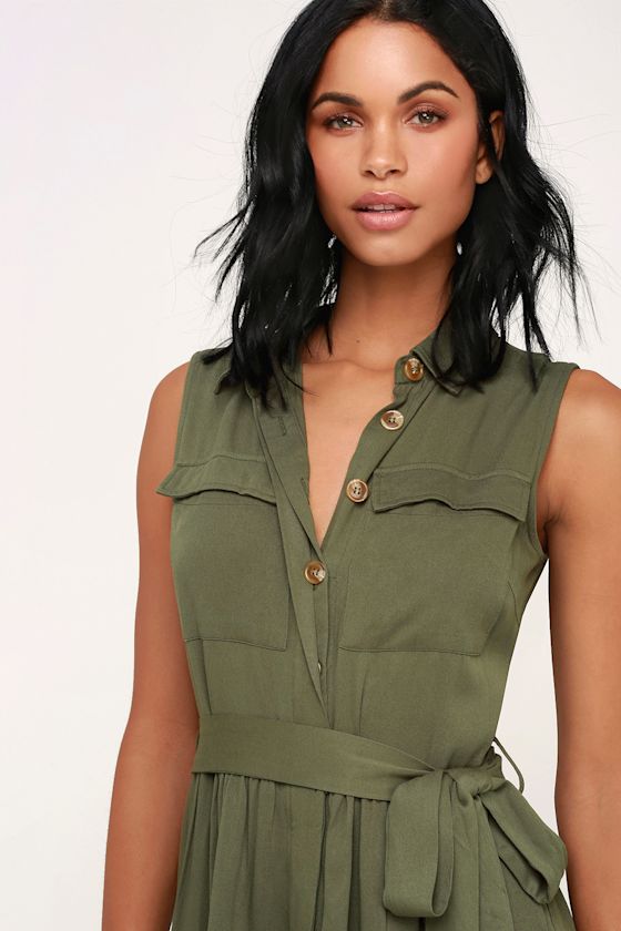 Cute Olive Green Dress ButtonUp Dress Shirt Dress Midi