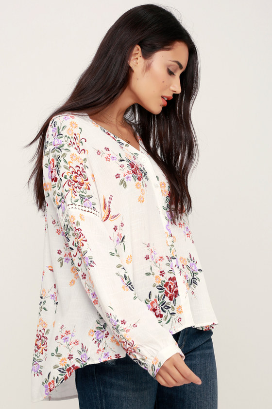Lovely White Floral Print Top - Button-Up Top - Long Sleeve Top