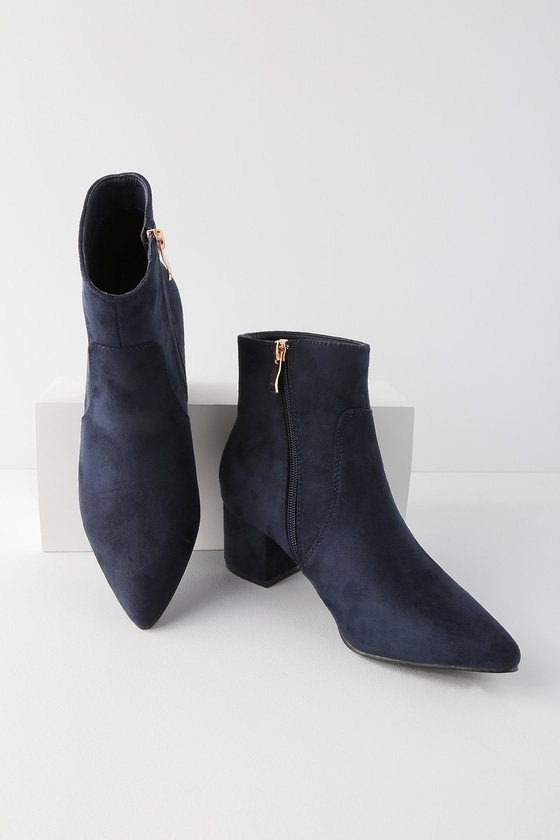 Chic Navy Boots - Vegan Suede Boots - Pointed Toe Ankle Booties