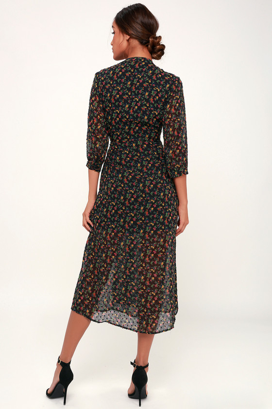 Chic Black Floral Print Swiss Dot Dress - Midi Dress - Wrap Dress
