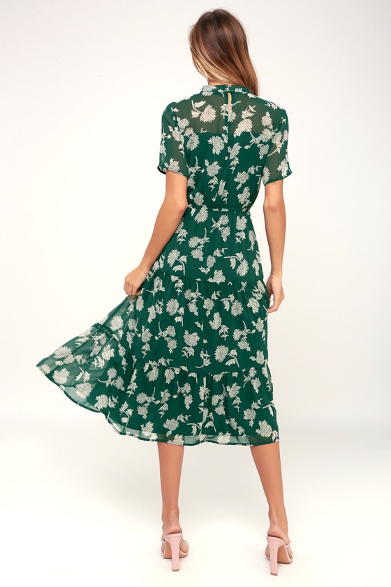 Dark Green Floral Print Dress - Midi Dress - Short Sleeve Dress