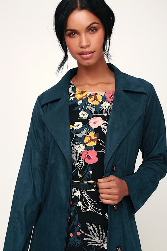 Chic Dark Teal Trench Coat Suede Trench Coat Vegan Suede Coat