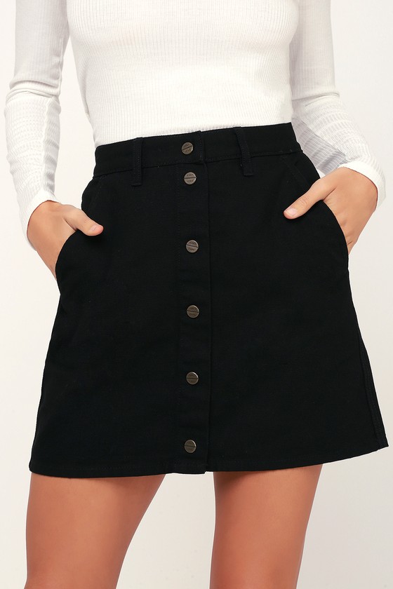 Obey Gatecrasher - Black Denim Mini Skirt - Button-Up Mini Skirt