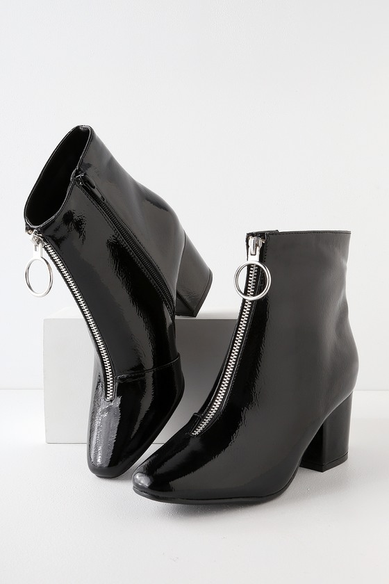 Cool Black Crinkle Patent Booties - Patent Ankle Booties - Boot