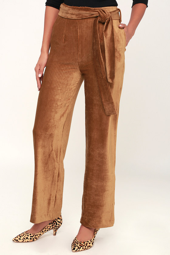 Trendy Light Brown Pants - Ribbed Velvet Pants - Wide-Leg Pants