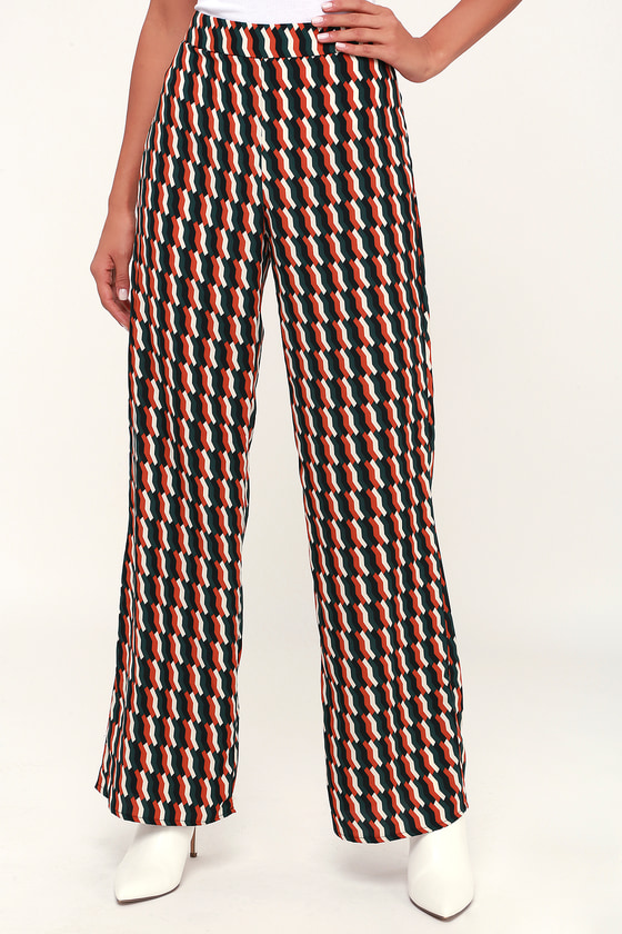 Retro Rust Orange Multi Print Pants - Wide-Leg Pants - Trousers