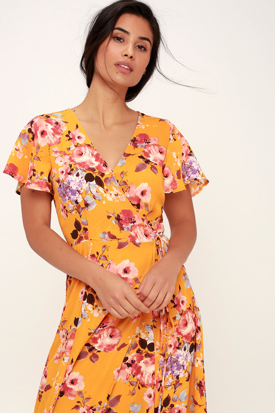 Lovely Yellow Floral Print Dress - Floral Wrap Dress - Maxi Dress